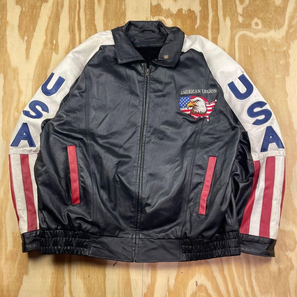 Vintage Black Leather Bomber Jacket – American Legion Eagle Patch – Men’s XL